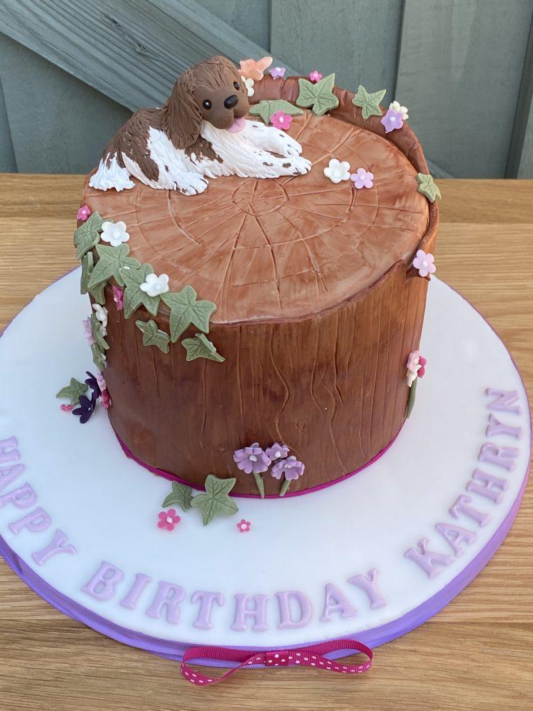 cakes, bespoke cake, cake maker, st albans, celebration cake, birthday cake design, spaniel on a cake, cake for a dog lover, tree trunk cake, sugar craft