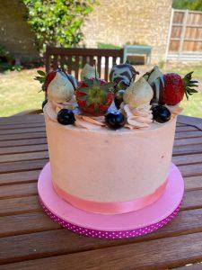Dairy free cake, cake with fruit, birthday cake, celebration cake, summer cake, cake with dipped strawberries, St Albans, bespoke cake
