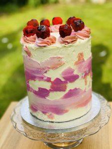Dairy free cake, dairy free birthday cake, cake for person allergic to dairy, cake with cherries, tall birthday cake, celebration cake, st albans, Hertfordshire cake maker