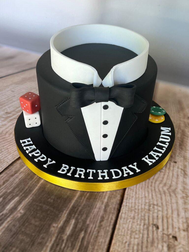 Tuxedo birthday cake. 21st birthday cake. Boy’s birthday cake. Made with love Julies Cake Company St Albans