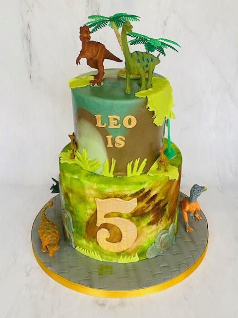 2 tier Dinosaur Cake. 5th birthday cake. Boys birthday cake made with love Julies Cake Company St Albans