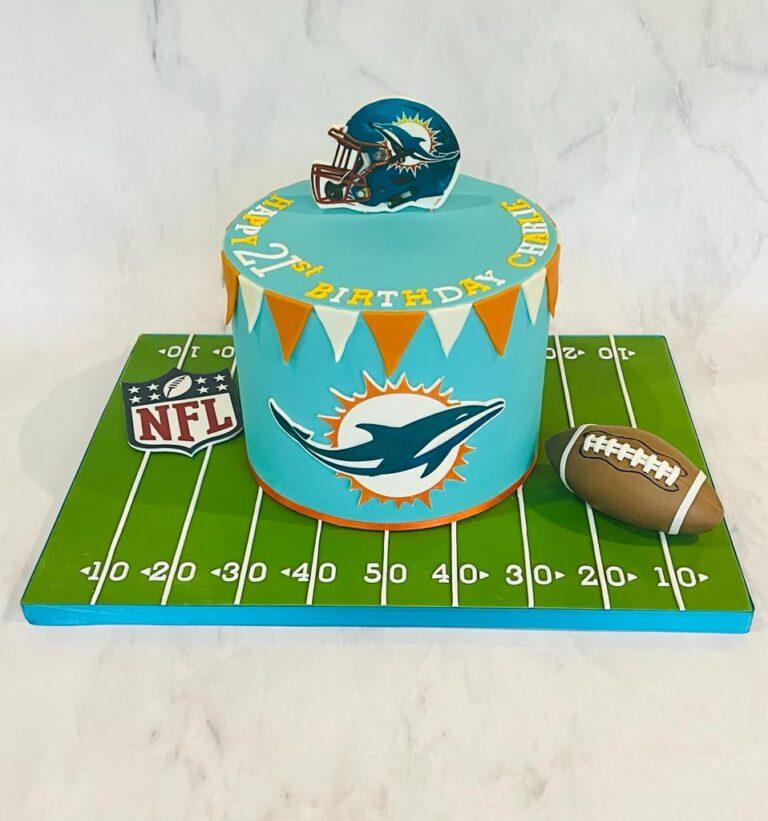 Miami Dolphins birthday cake, 21st birthday cake. Boy’s birthday cake. Made in St Albans, Julies Cake Company