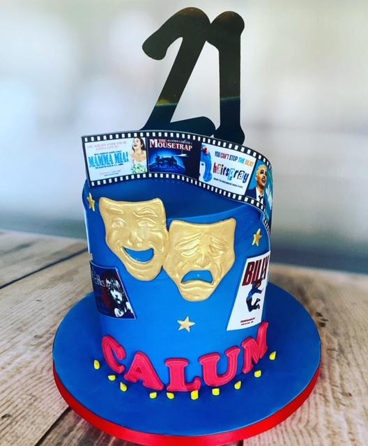 Theatre cake, film lover’s cake, 21st blue birthday cake. Made with love Julies Cake Company St Albans
