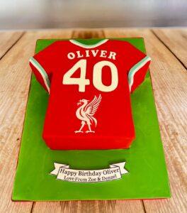Liverpool Shirt cake, 40th birthday cake. Football shirt cake. Made in St Albans by Julies Cake Company.