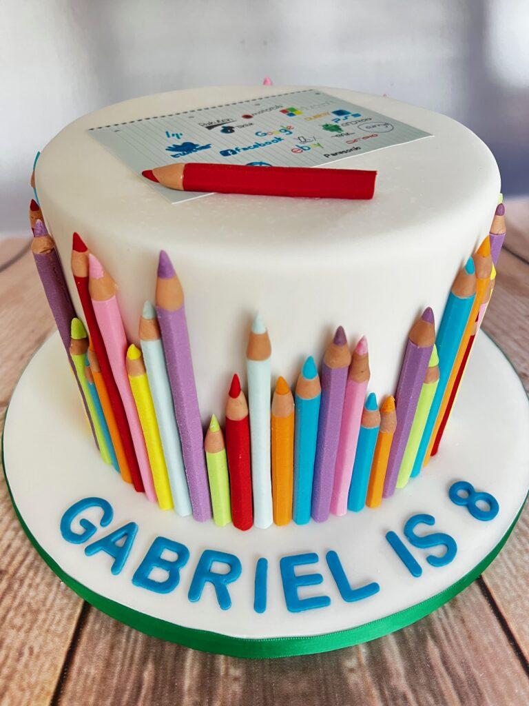 Pencil cake, made with handmade pencils in lots of colours.