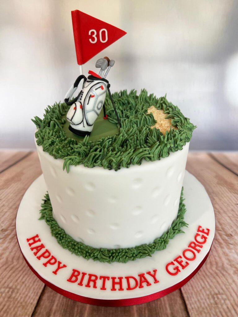 Bespoke golf cake with handmade golf bag and red flag.