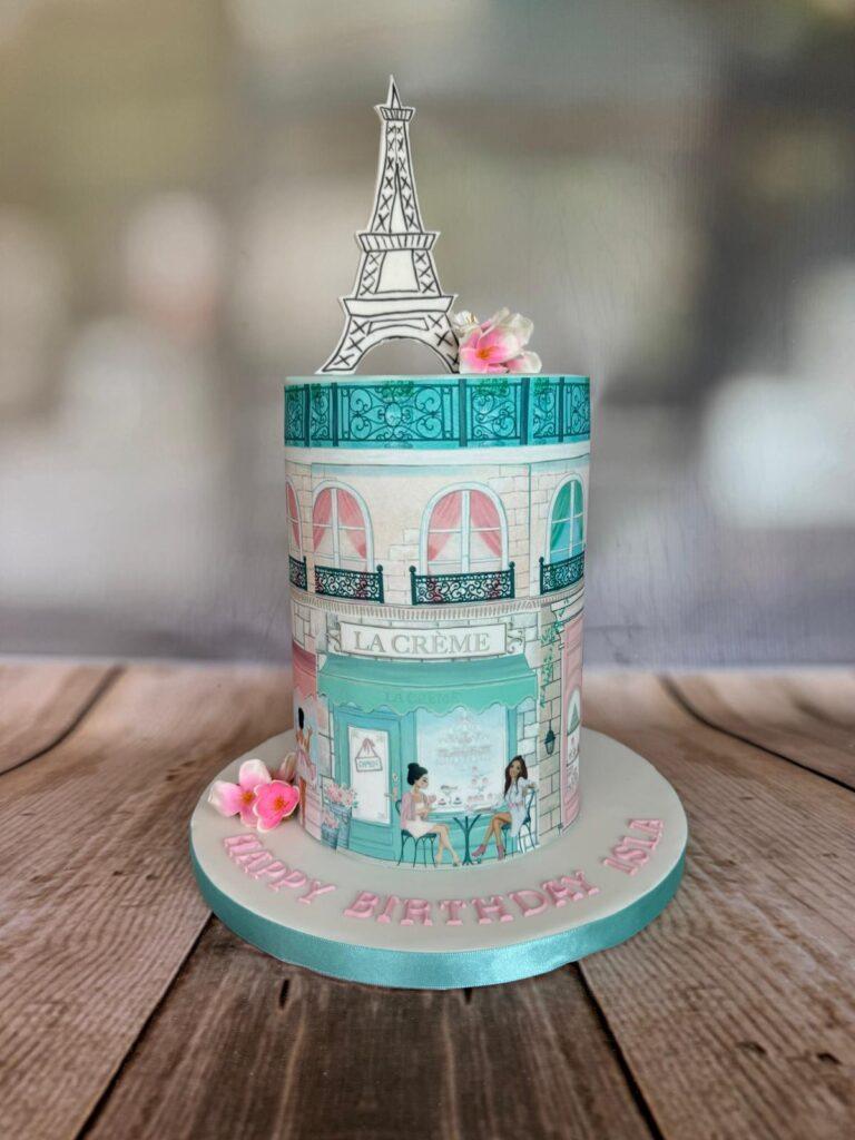 Parisian tall cake in turquoise and pink.