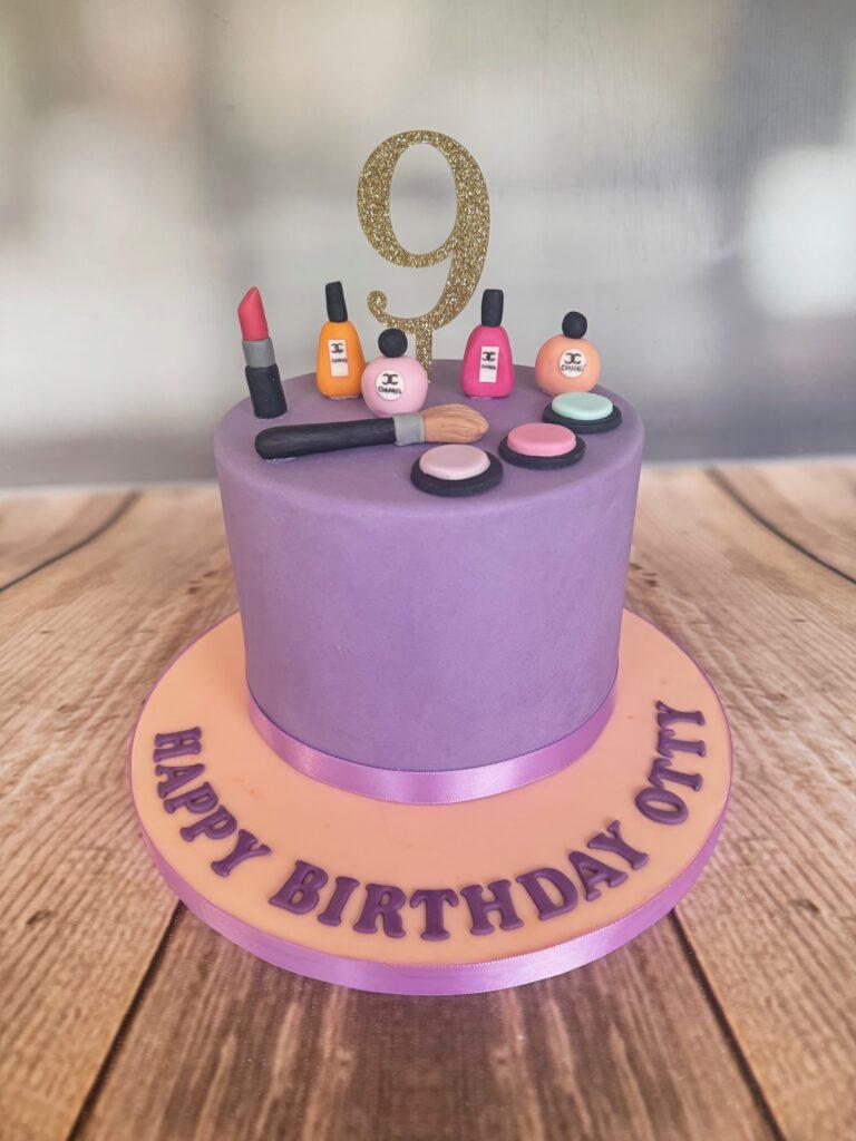 Make up 9th birthday cake in purple and peach